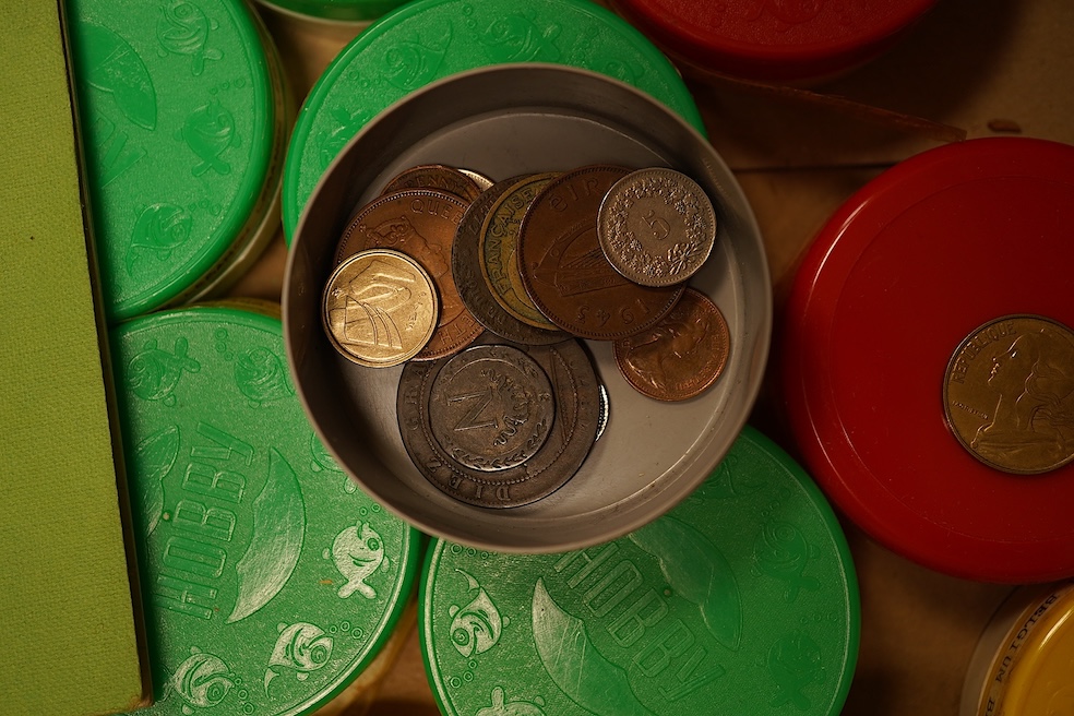 World coins, mostly post war, including France, Persia Netherlands, Romania, Belgium, West Germany, Germany, Spain, Greece, East Africa, New Zealand, salon, Morocco, turkey, Palestine, Fiji, Brazil, Czechoslovakia, Yugos